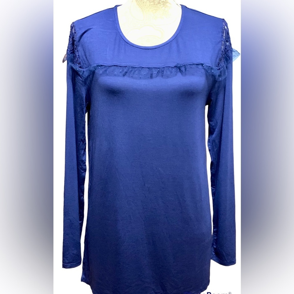 KATE & MALLORY BLUE LONG SLEEVE BLOUSE/TUNIC WITH LACE SIZE MEDIUM NEW